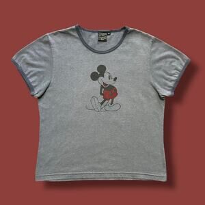 Vintage Mickey Mouse Ringer Shirt Walt Disney Graphic Tee Cotton Blend Womens XL